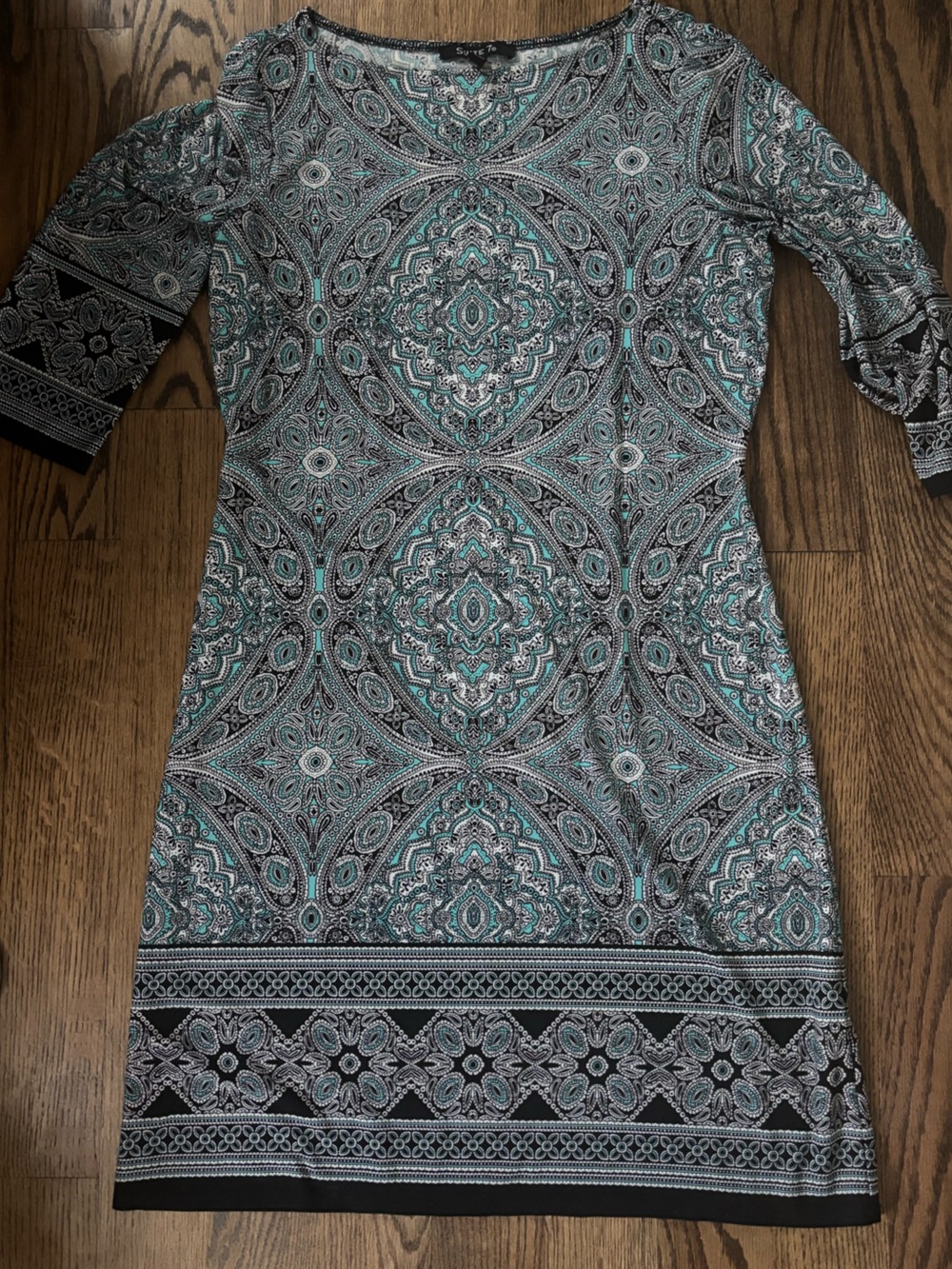 Women’s Printed Long Sleeve Dress in Teal and Black